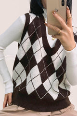 Saddle Brown V-Neck Diamond-Check Knitted Vest