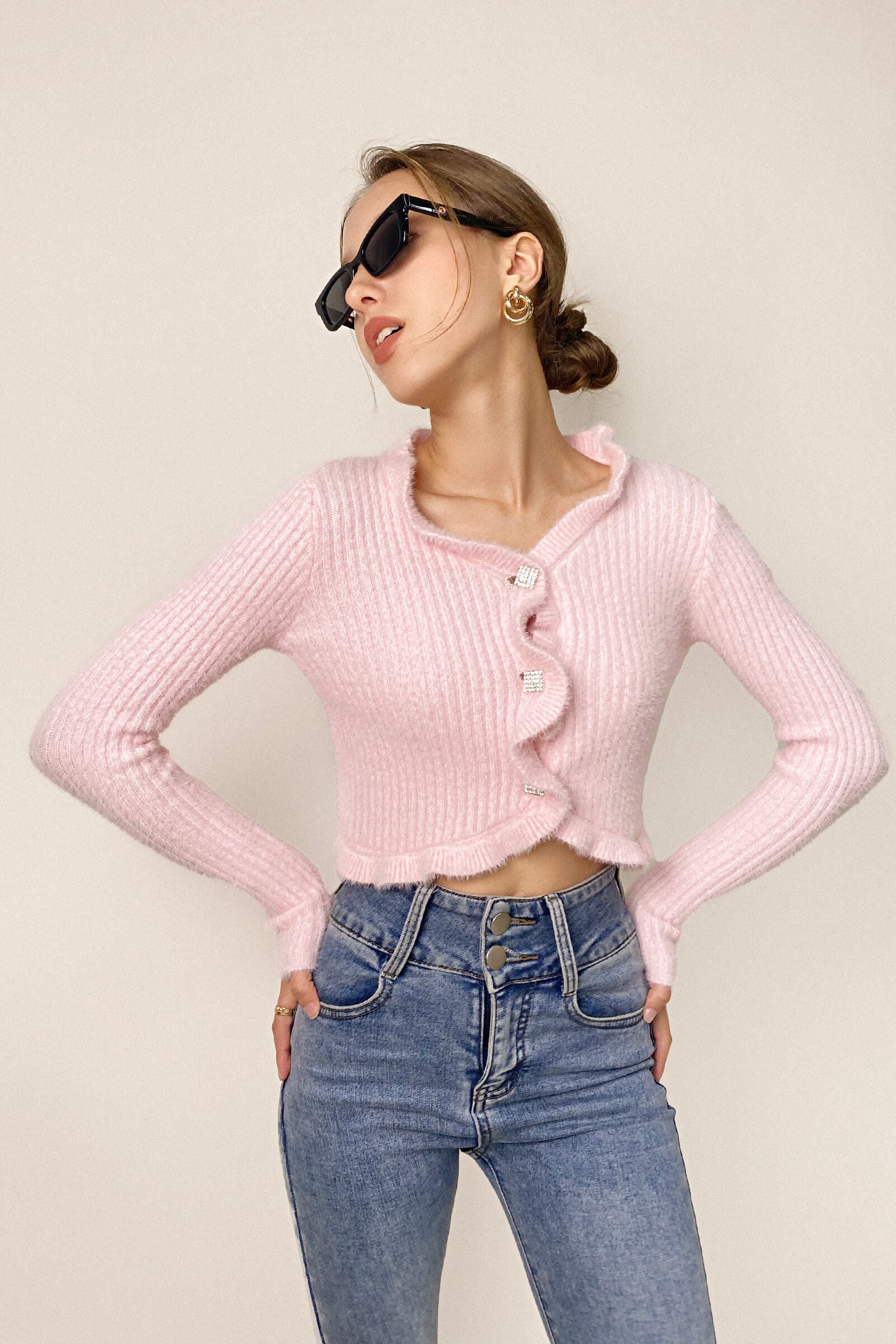 Pink Ruffle Trim Ribbed Knit Fitted Cardigan