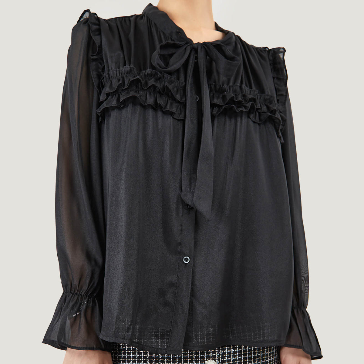 Tie-Neck Ruffle Pleated  Blouse