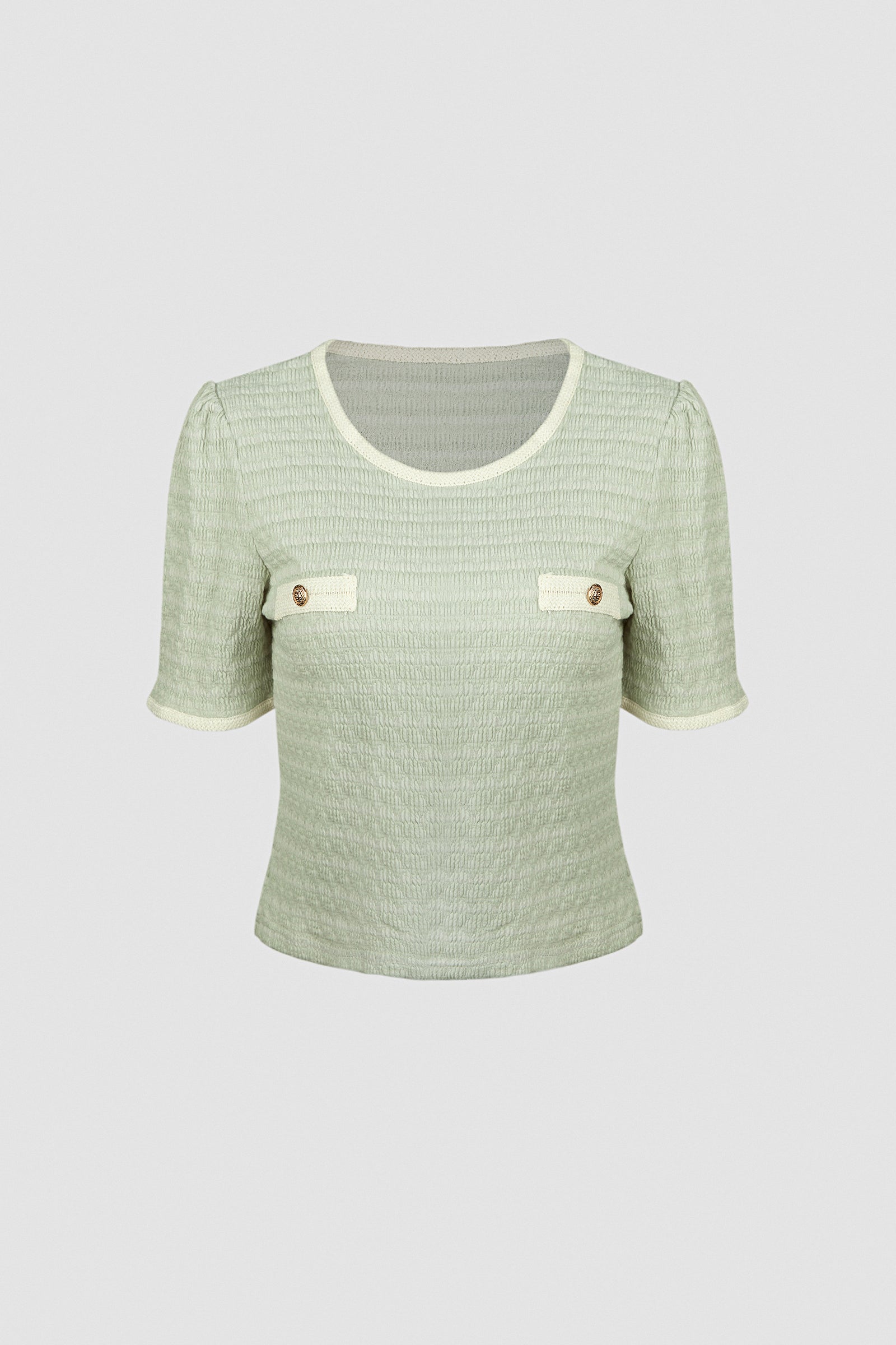 Light Green Textured Contrast Binding Short Sleeve Blouse
