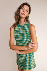Green Sleeveless Button Detail Tweed Mini Dress