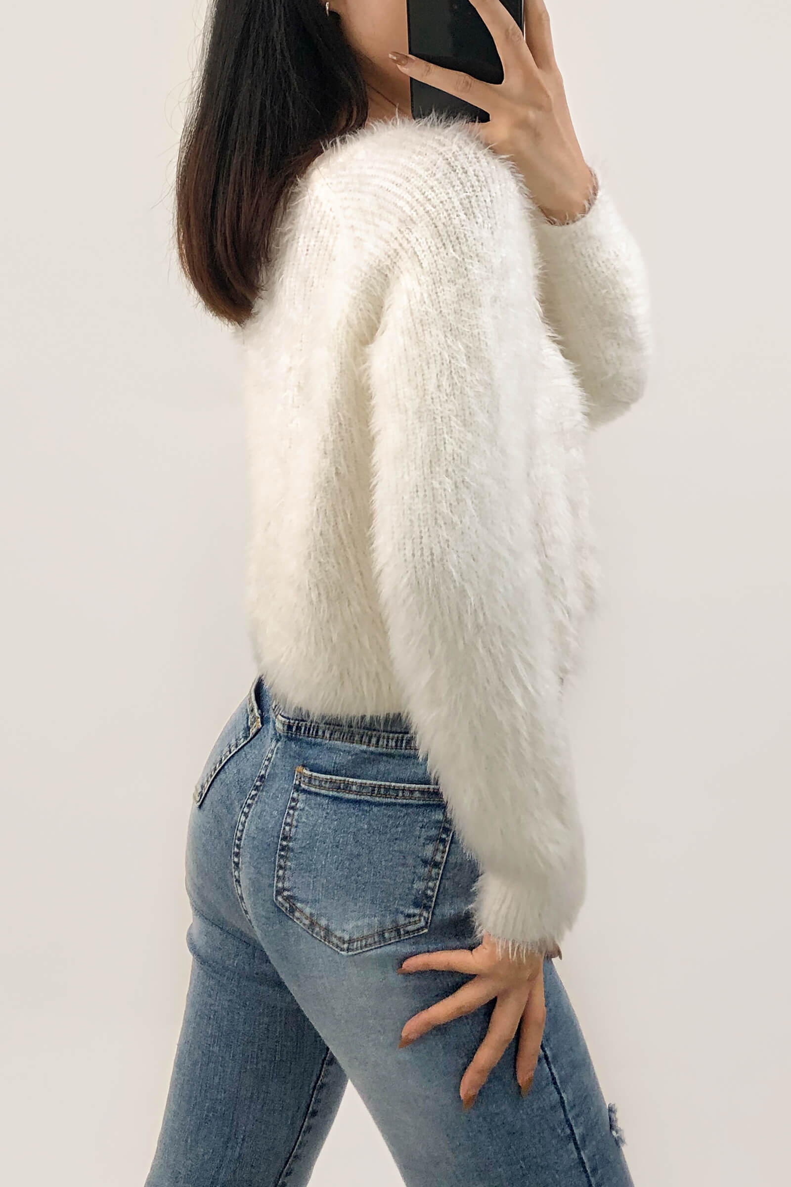 Ivory V-Neck Fuzzy Knit Cropped Cardigan