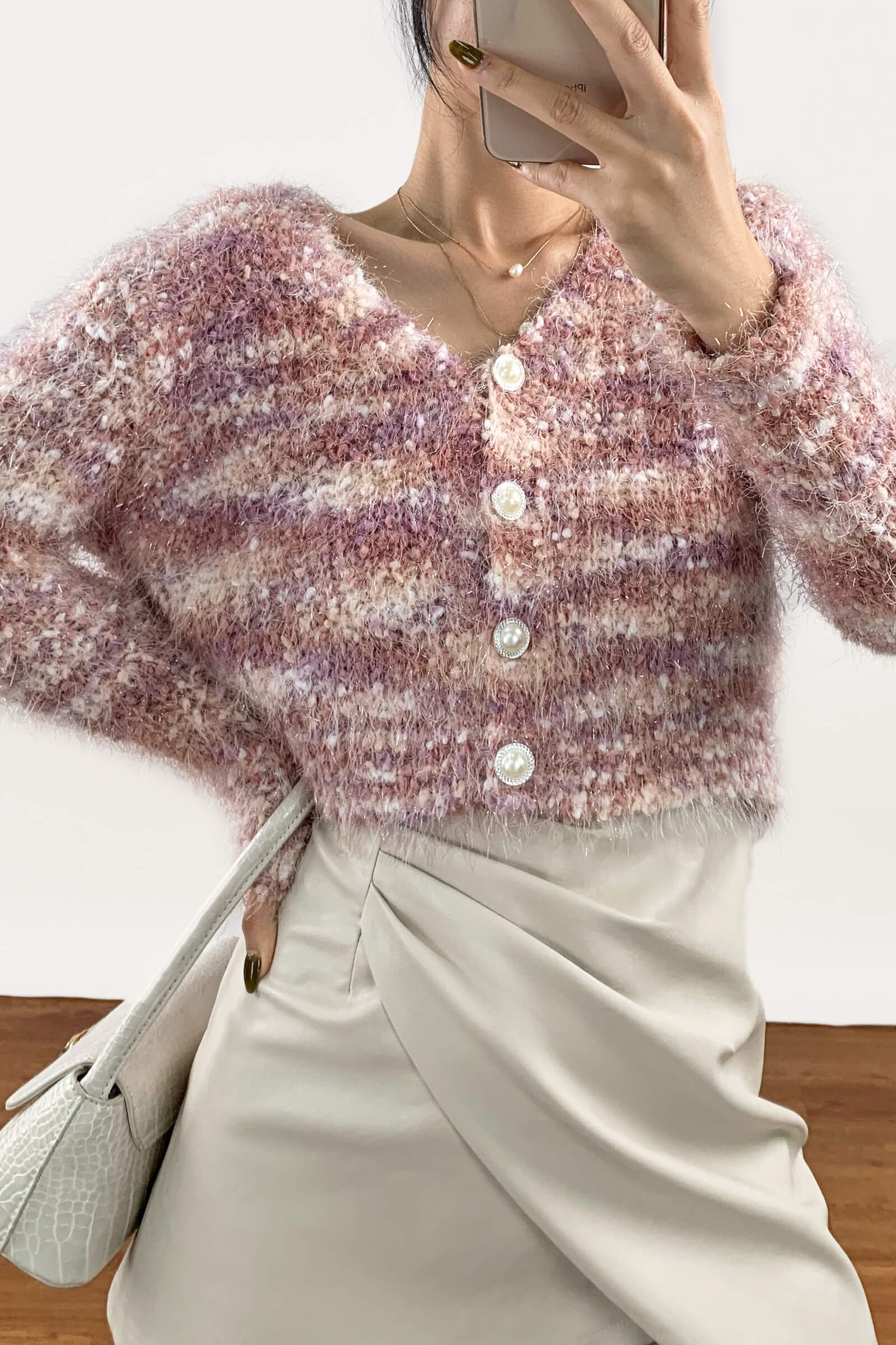 Pink Striped Fuzzy Knit Cardigan