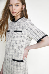 Ivory Checked Contrast Trim Tweed Mini Dress