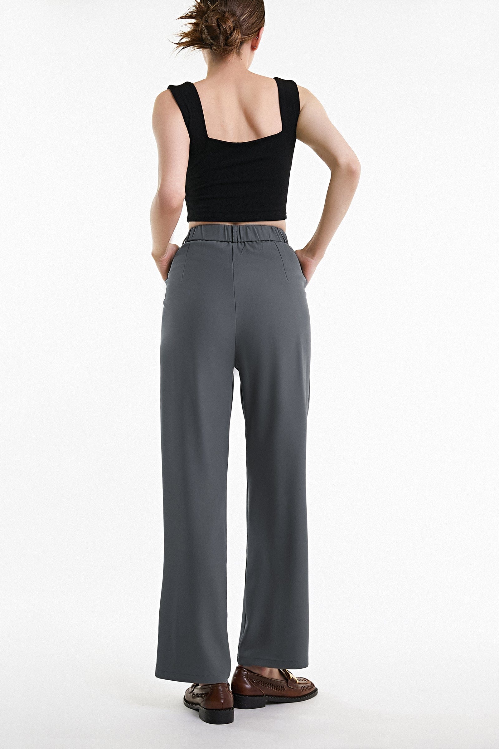 Dim Grey Half Elastic Pleat Detail Wide Leg Suit Pants