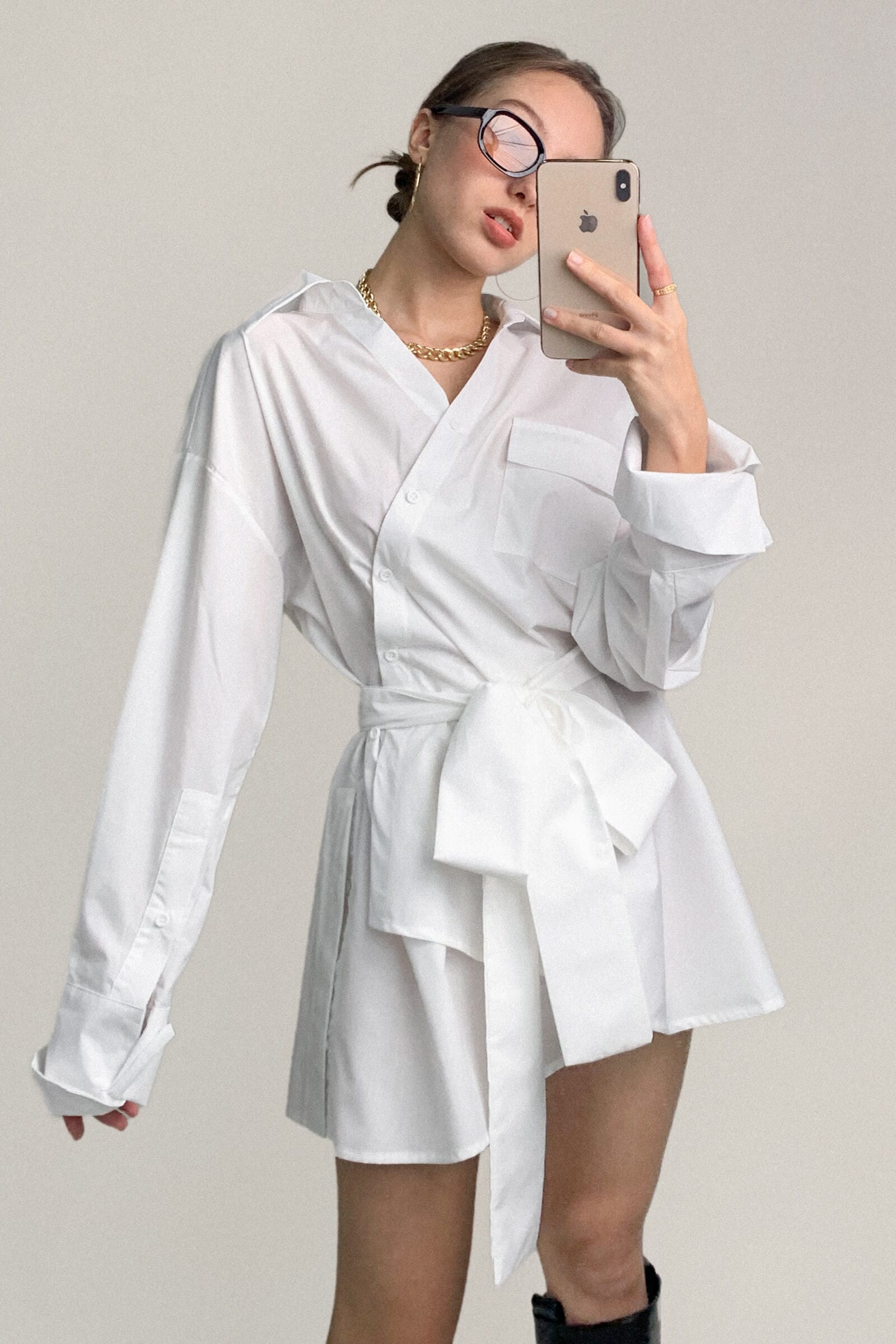 White Wrap-Effect Tie Waist Button-Up Mini Shirt Dress