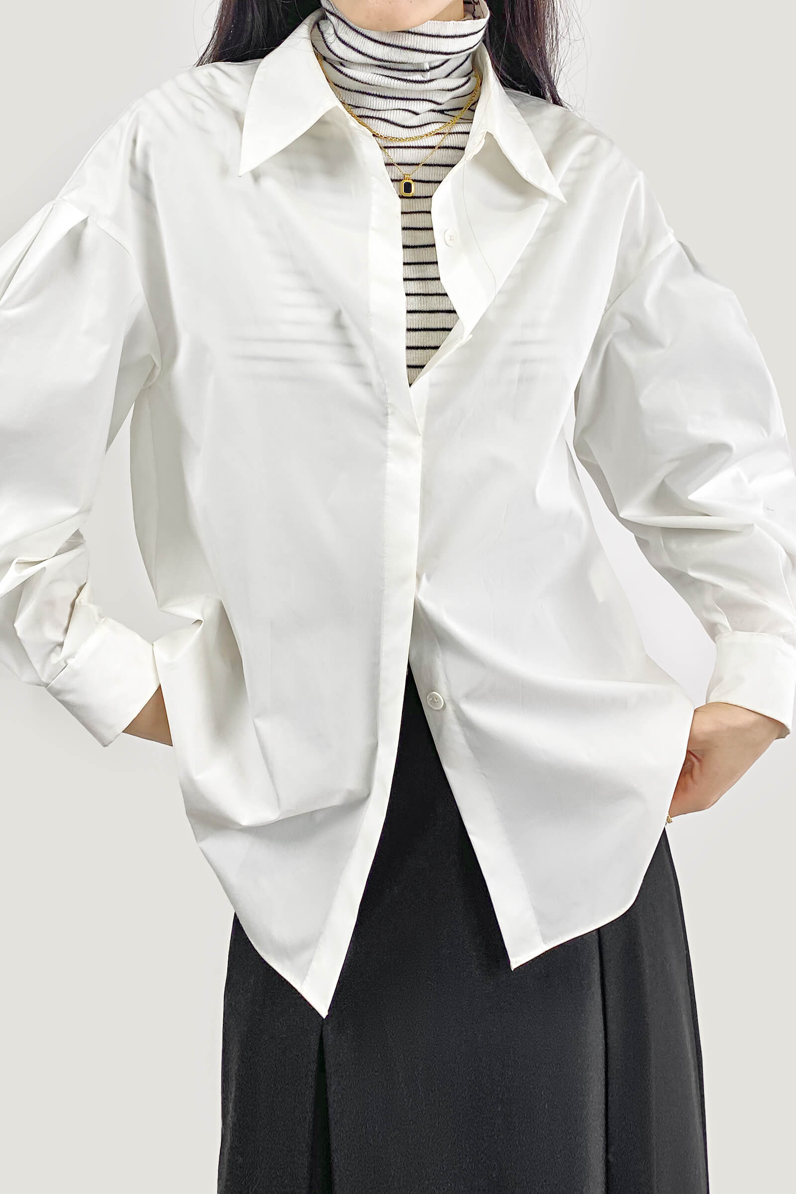 White Button-Up Lantern Sleeve Shirt