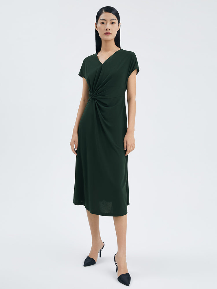 Asymmetrical Pleated Gathered Waist Midi Dress