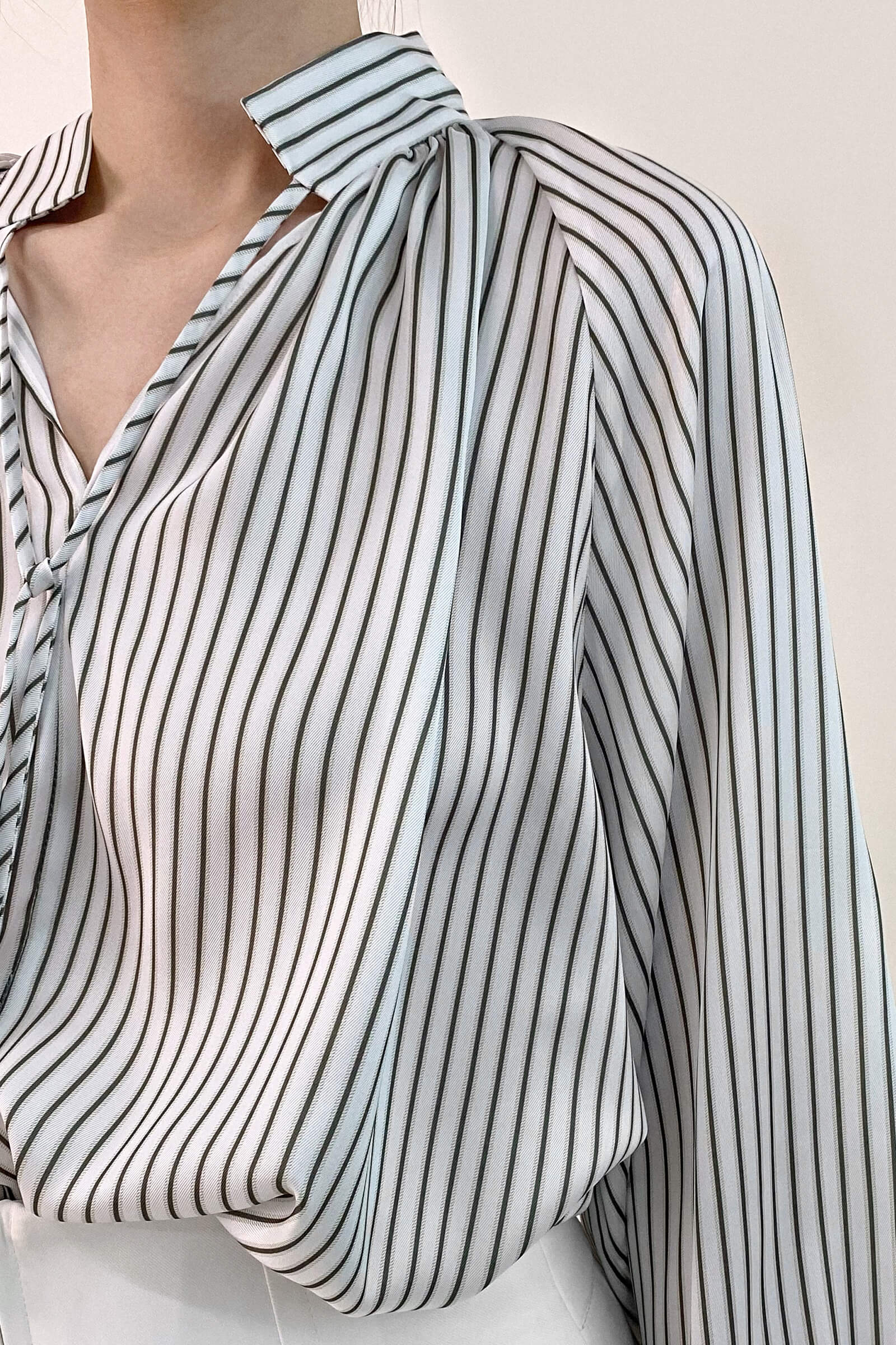 White High Neck Tie Detail Striped Blouse
