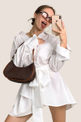 White Wrap-Effect Tie Waist Button-Up Mini Shirt Dress