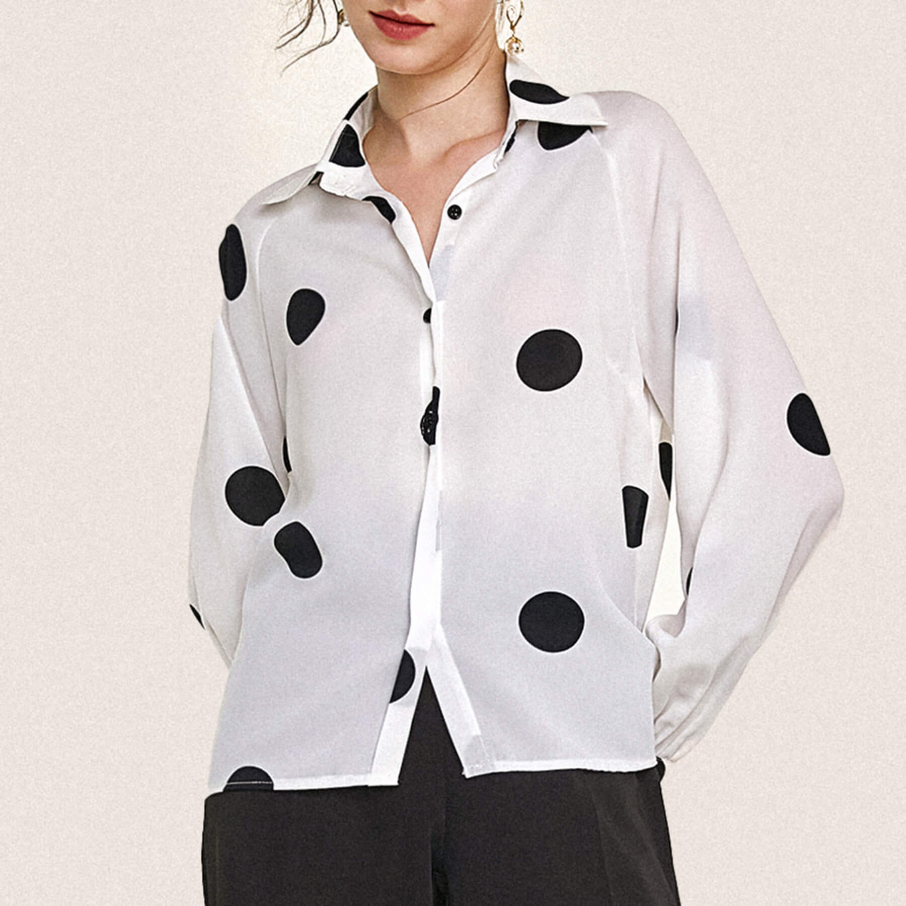 Ivory Polka Dot Balloon Sleeve Button-Up Chiffon Shirt