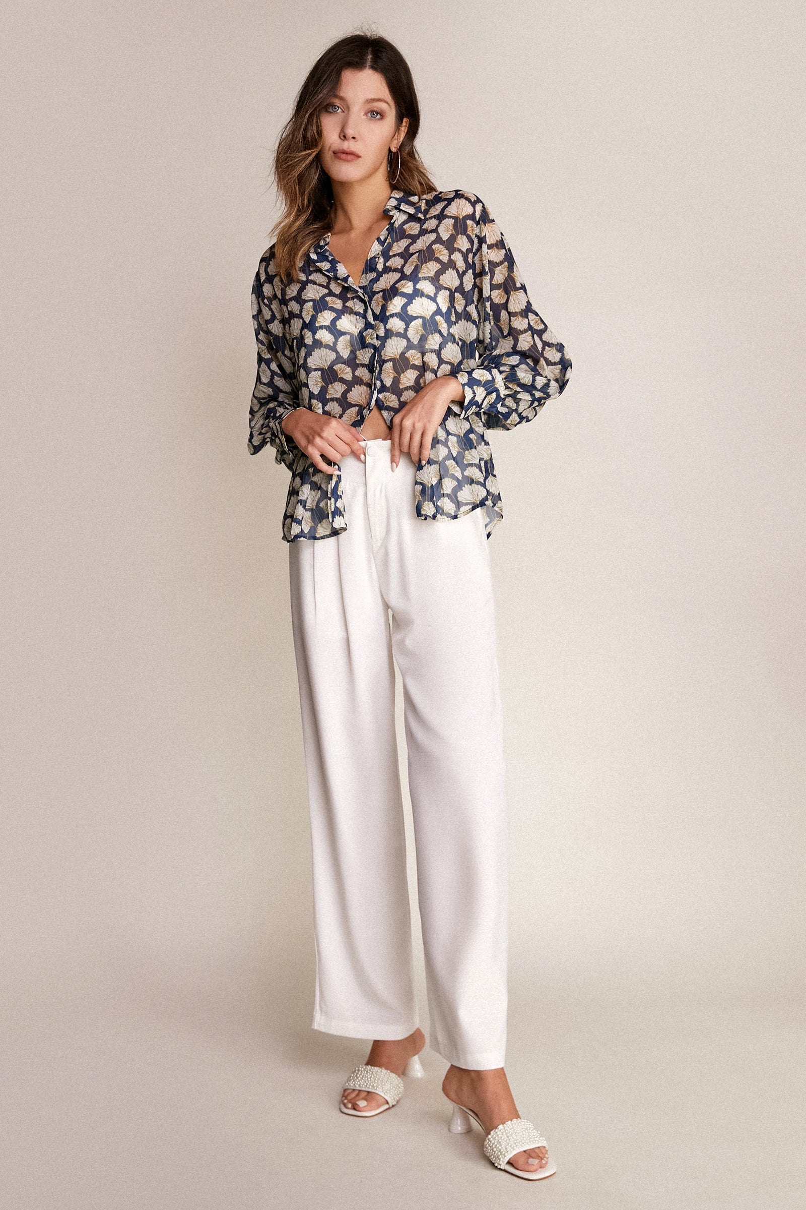 Dark Blue Leaf Print Button-Up Shirt