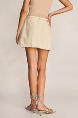 Beige Button Front Frayed Trim High Rise Denim Mini Skirt