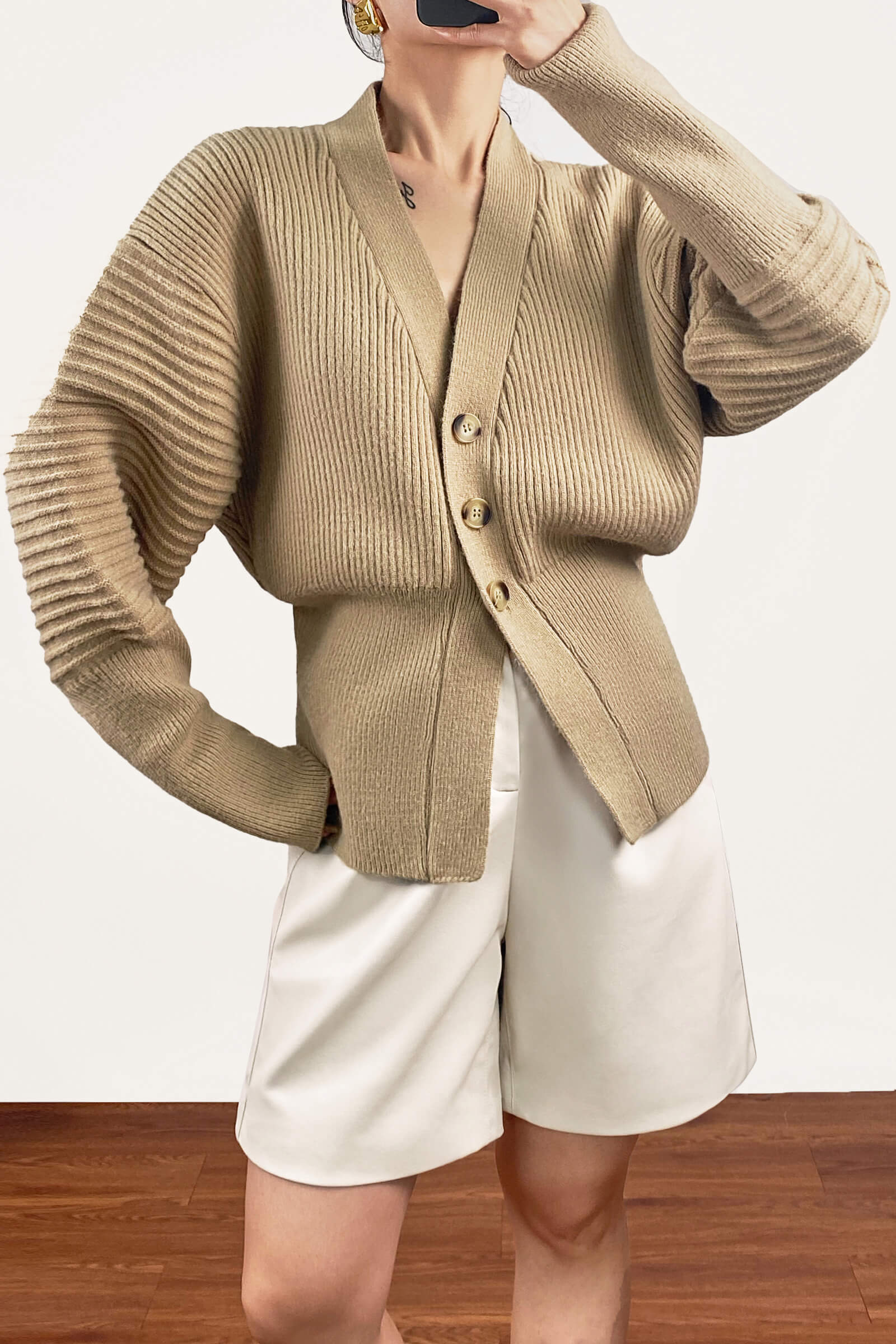 Tan Balloon Sleeve Ribbed Knit Cardigan