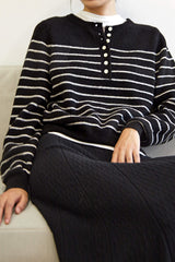 Black Wool-Blend Half-Button Striped Sweater