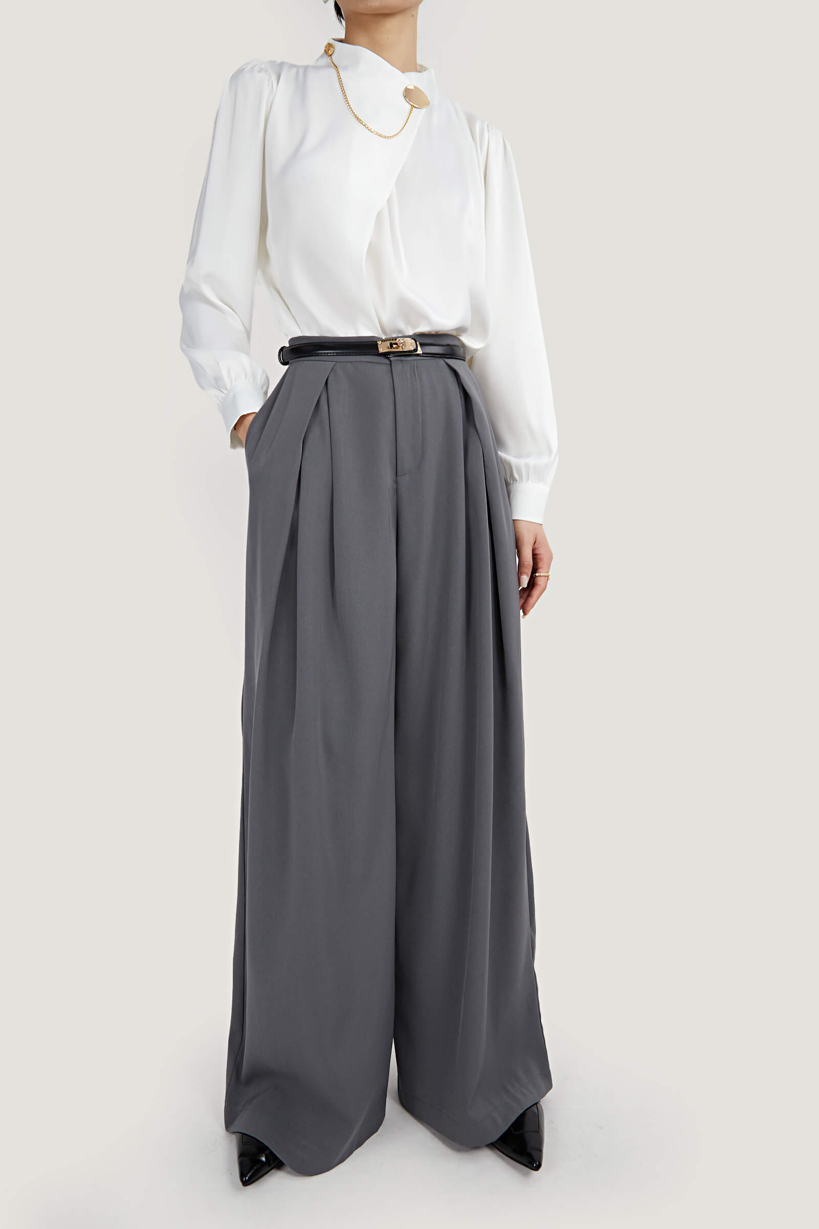 White Mock Neck Ornamental Lantern Sleeve Blouse