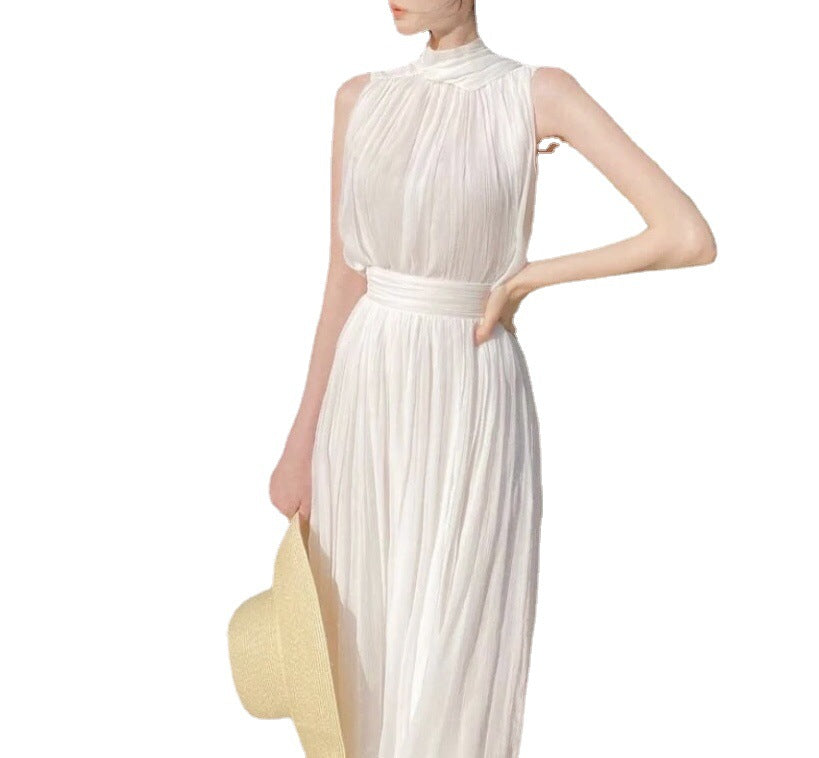 White Sleeveless Pleat Detail Spaghetti Strap Midi Dress