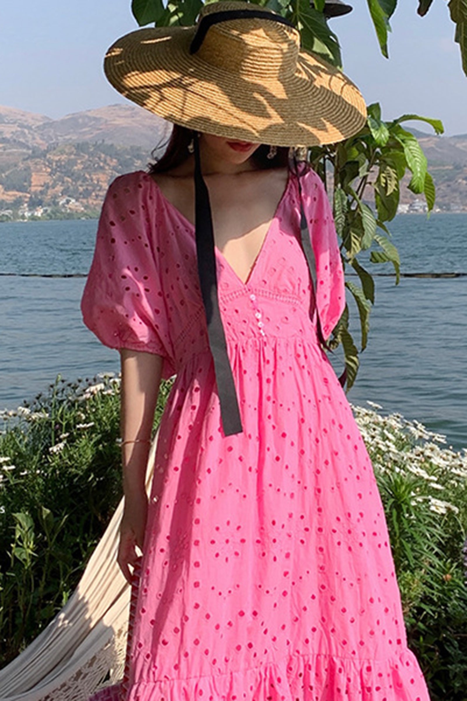 Hot Pink V Neck Balloon Sleeve Eyelet Maxi Dress