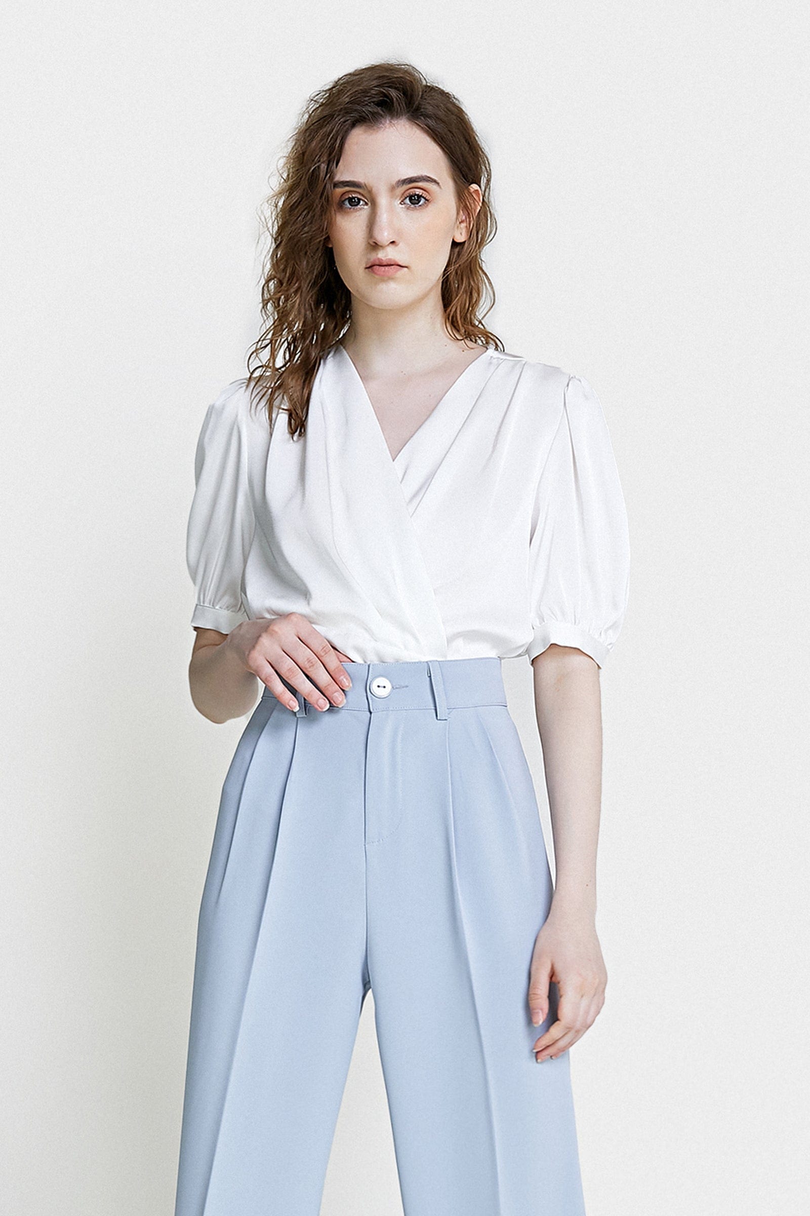 White Surplice Neck Ruched Blouse