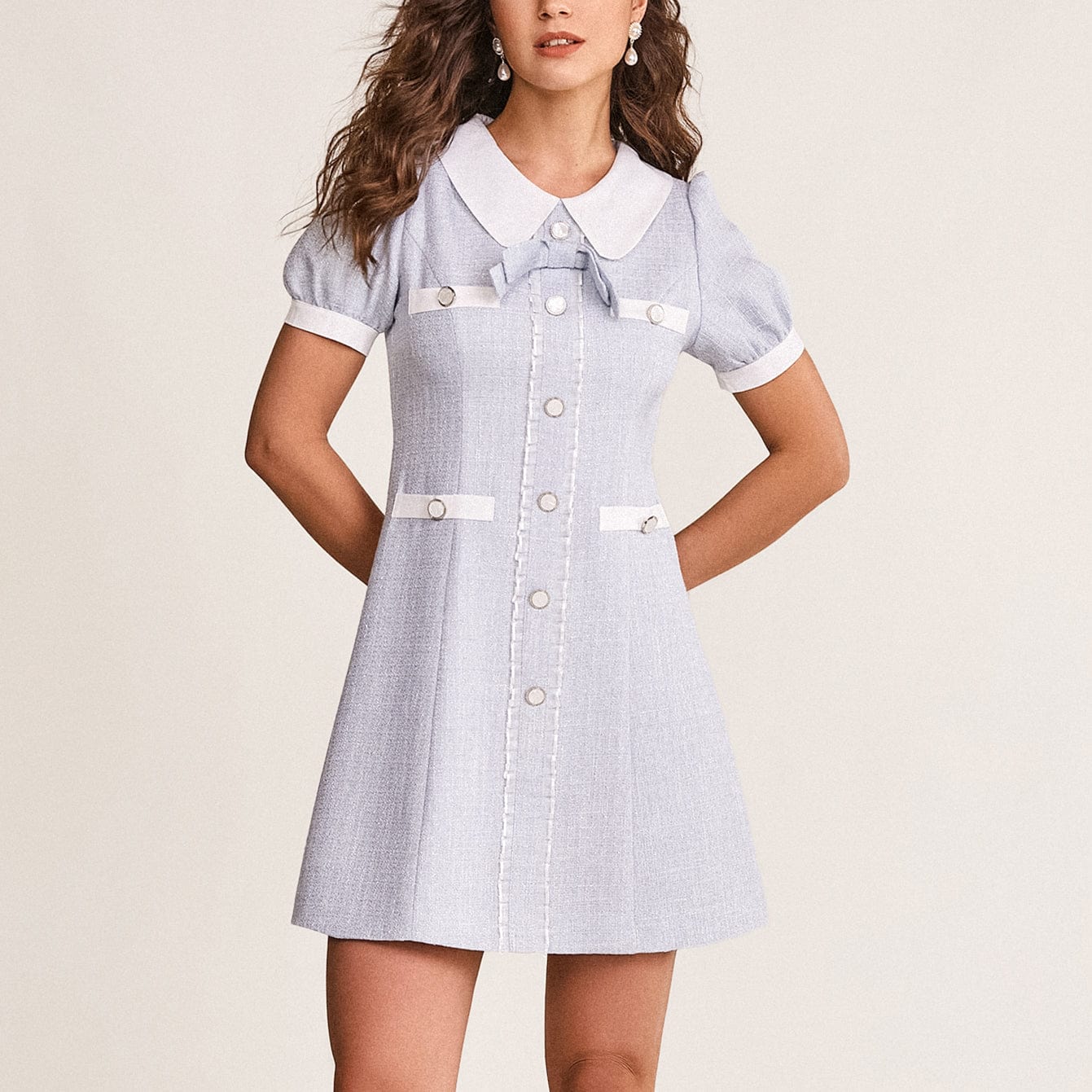 Light Blue Collared Button Detail A-Line Tweed Mini Dress