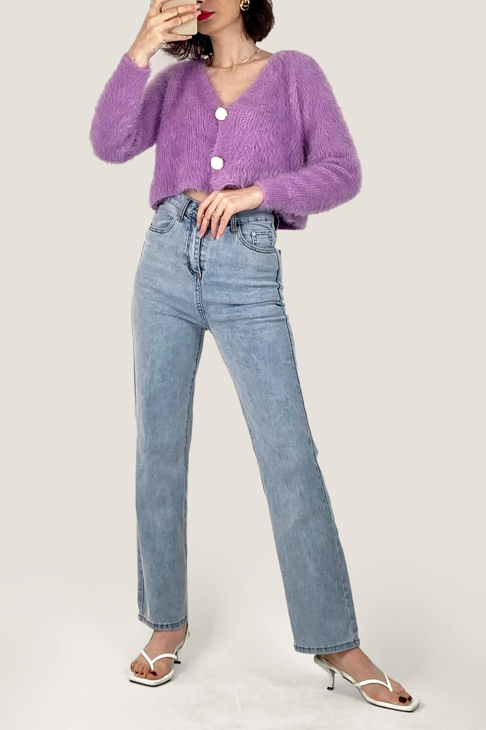 Orchid V-Neck Fuzzy Knit Cropped Cardigan
