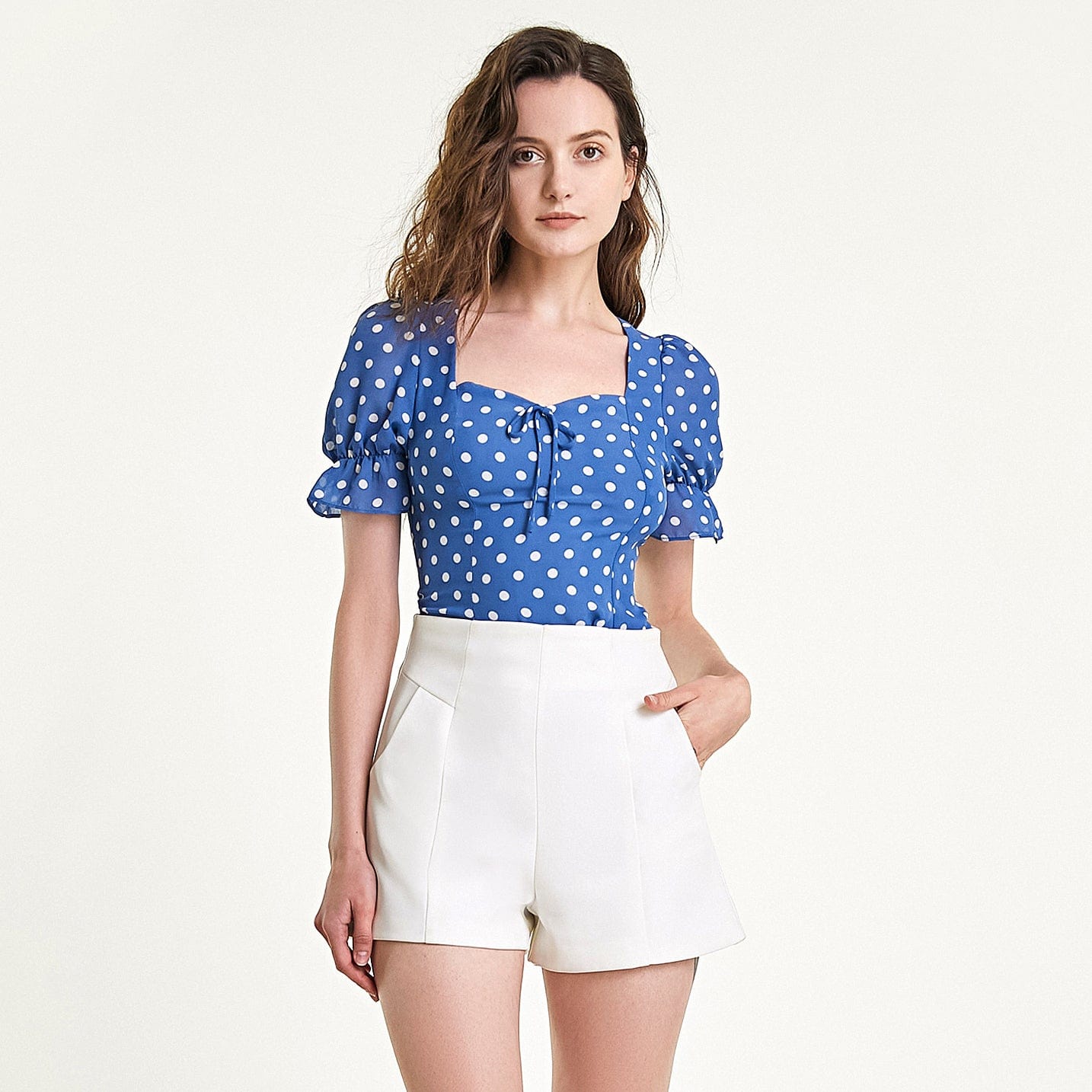 Steel Blue Polka Dot Tie Detail Cropped Blouse