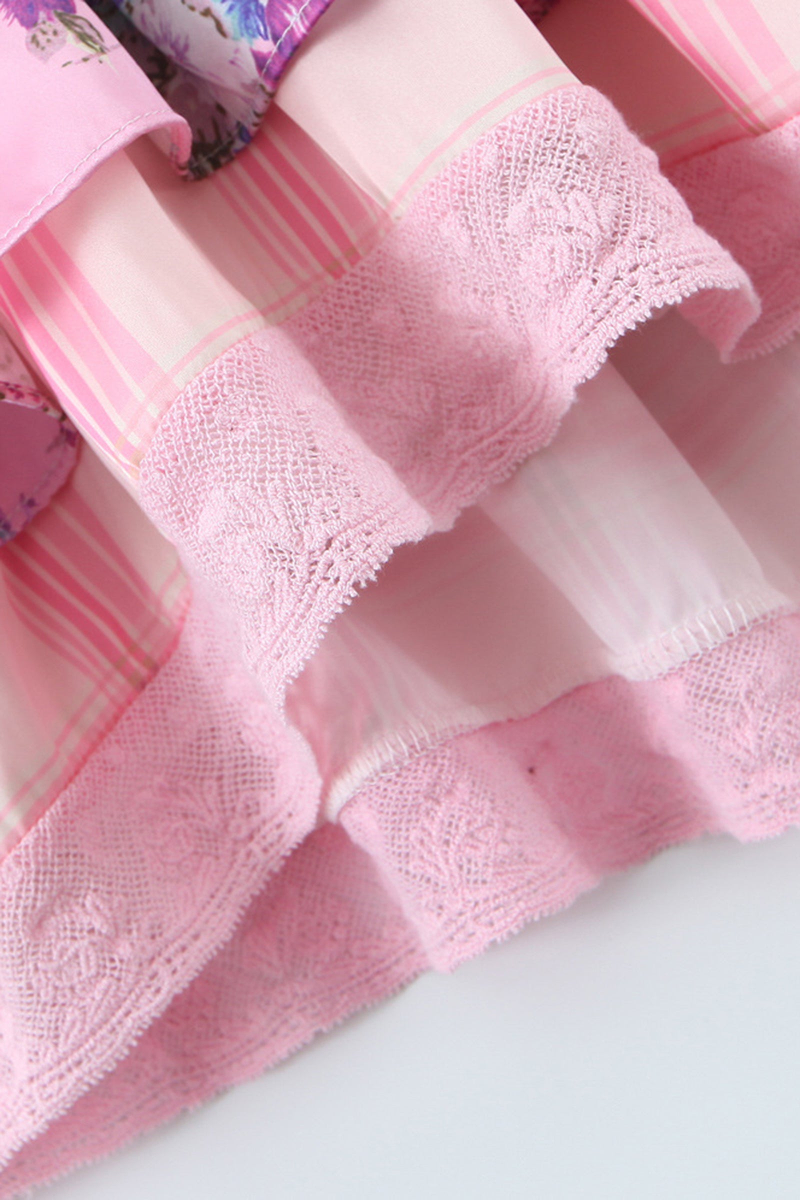 Pink Floral Print Balloon Sleeve Tiered Mini Dress