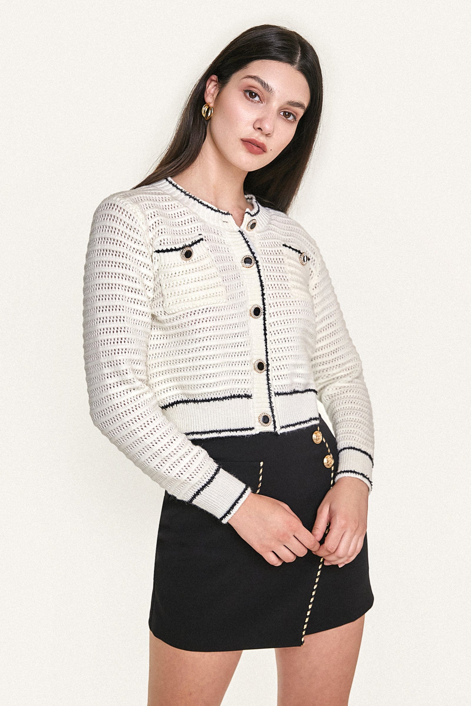 White Contrast Trim Button-Up Pointelle-Knit Cardigan