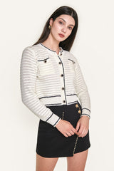 White Contrast Trim Button-Up Pointelle-Knit Cardigan