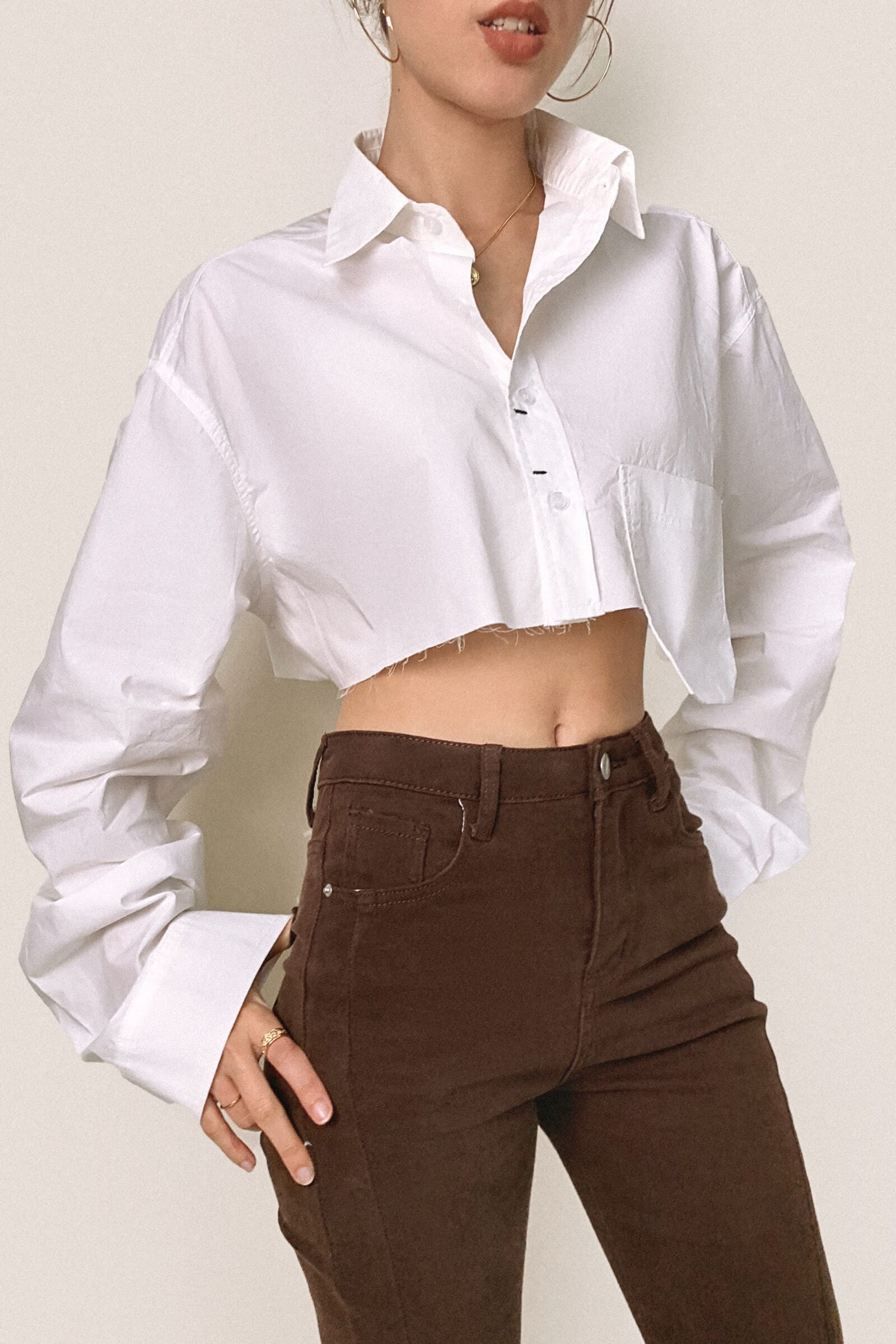 White Pocket Detail Cropped Shirt