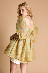 Lemon Chiffon Floral Print Puff Sleeve Babydoll Smock Mini Dress