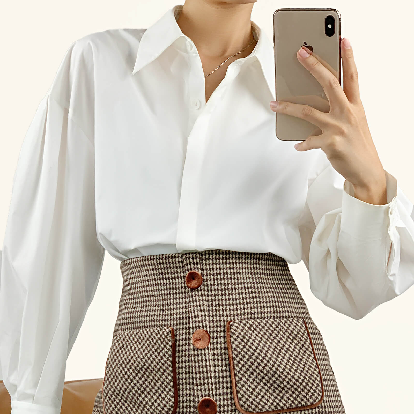 White Button-Up Lantern Sleeve Shirt