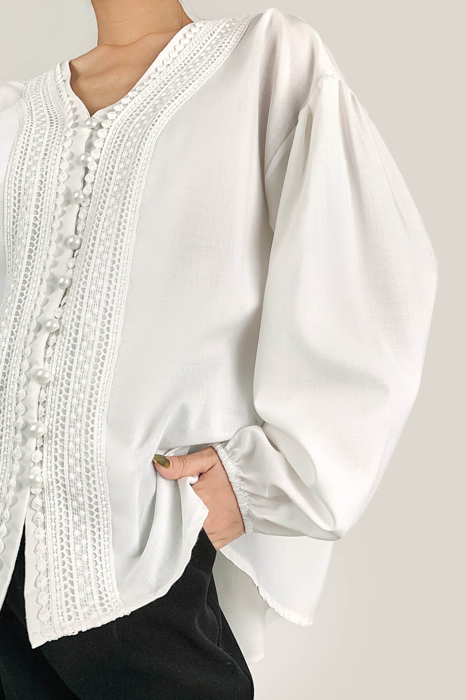 White V-Neck Balloon Sleeve Embroidery Detail Blouse