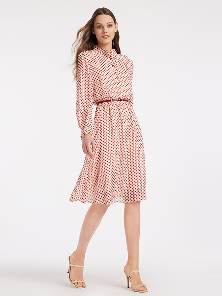 Gathered Waist Chiffon Polka Dot Midi Dress
