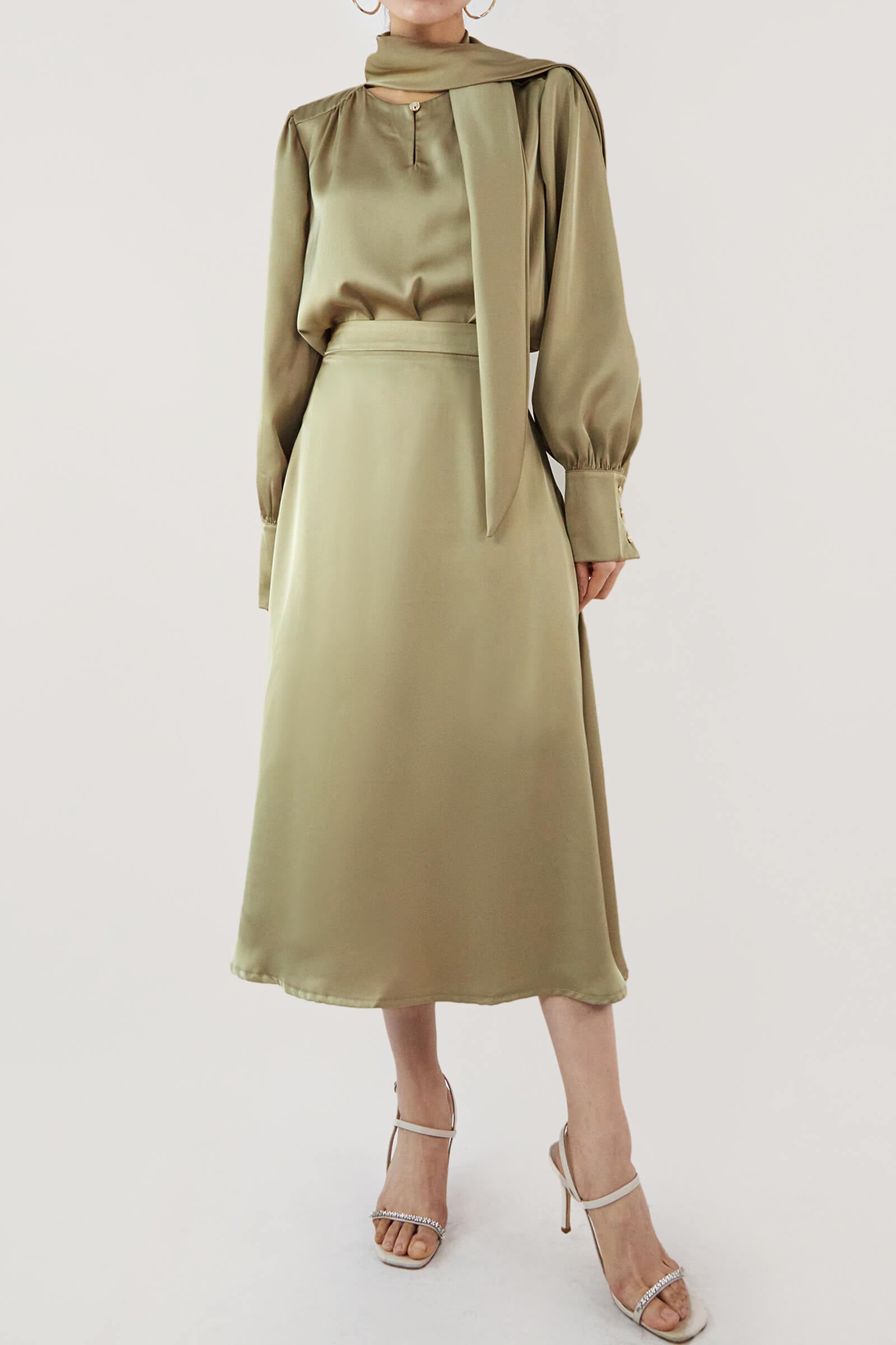 Dark Khaki Satin Ballon Sleeve Blouse