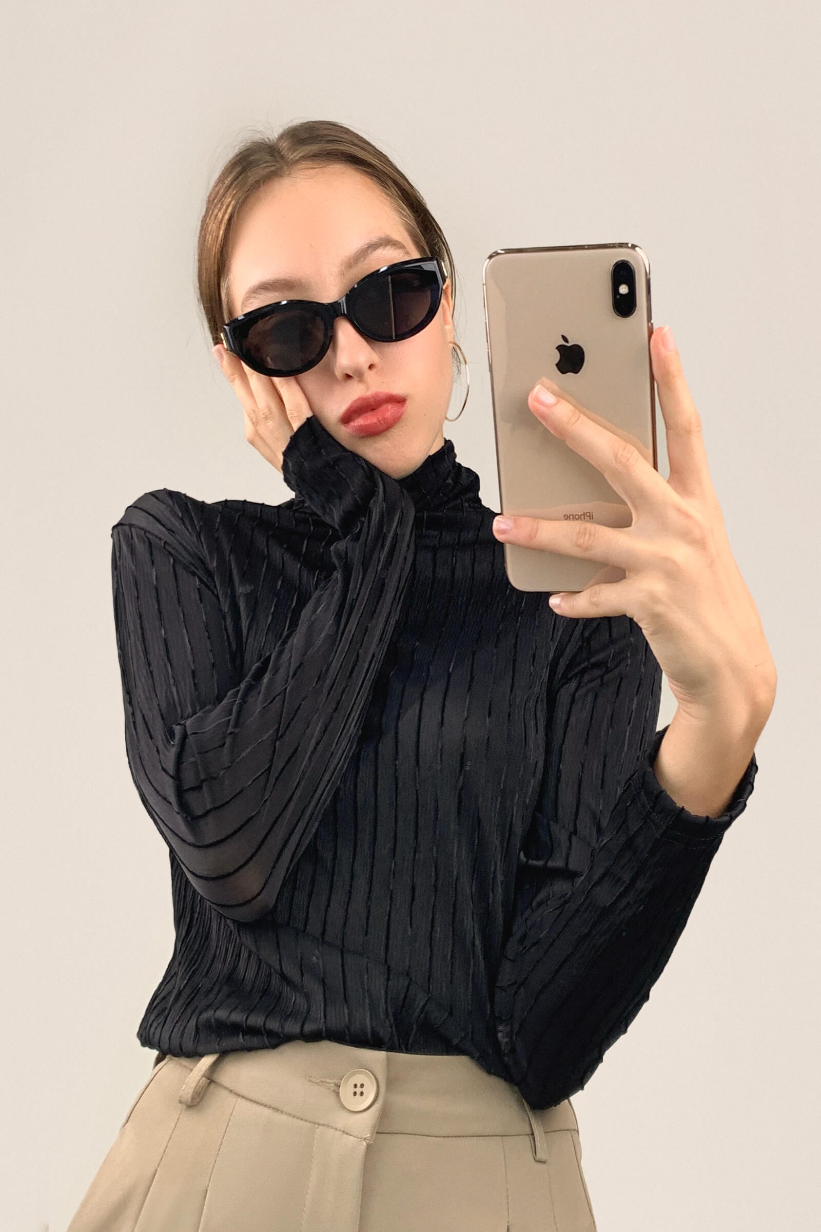 Black Textured Striped Turtleneck Top