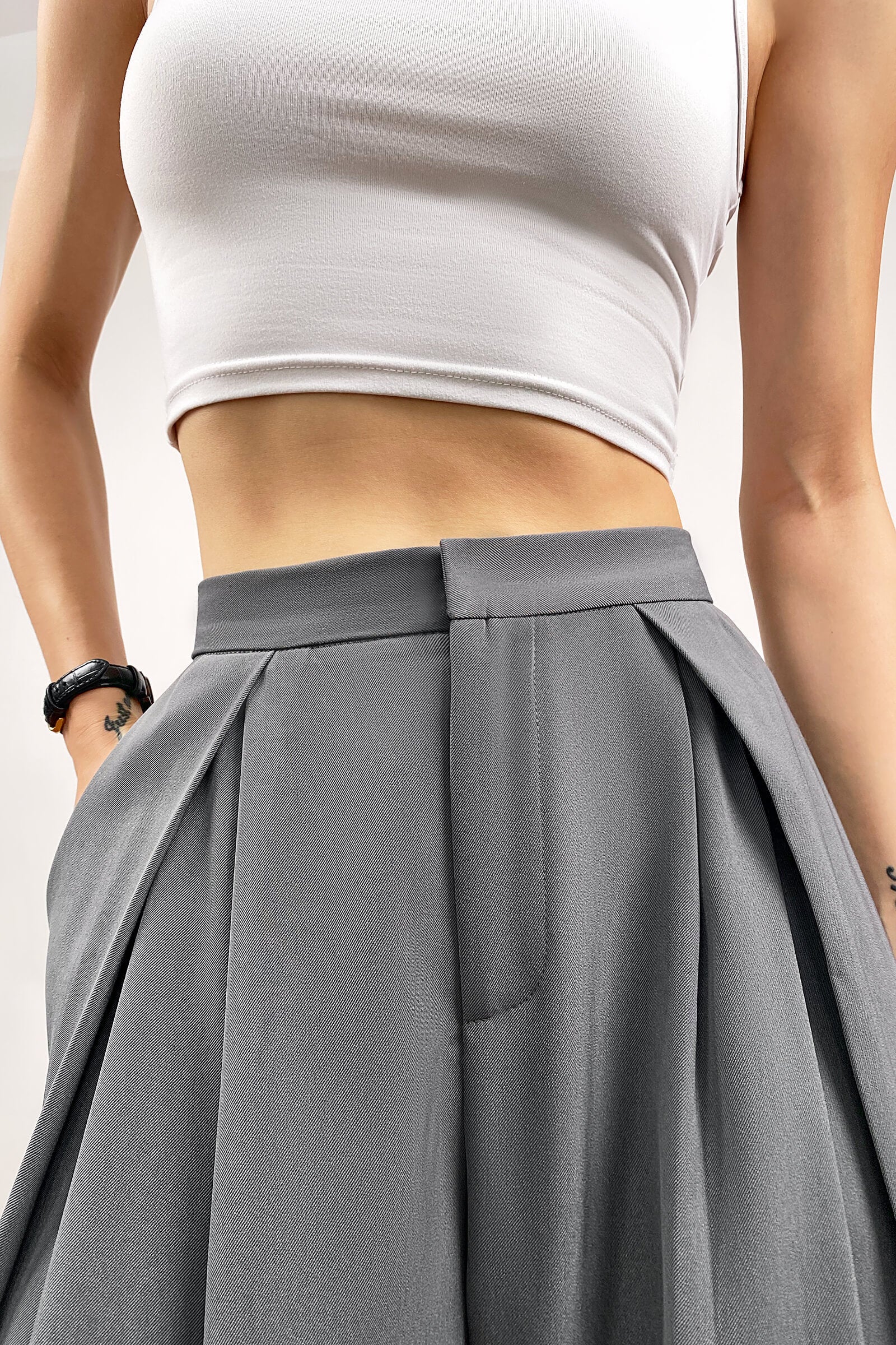 Dark Grey Pleated Wide Leg Work Pants