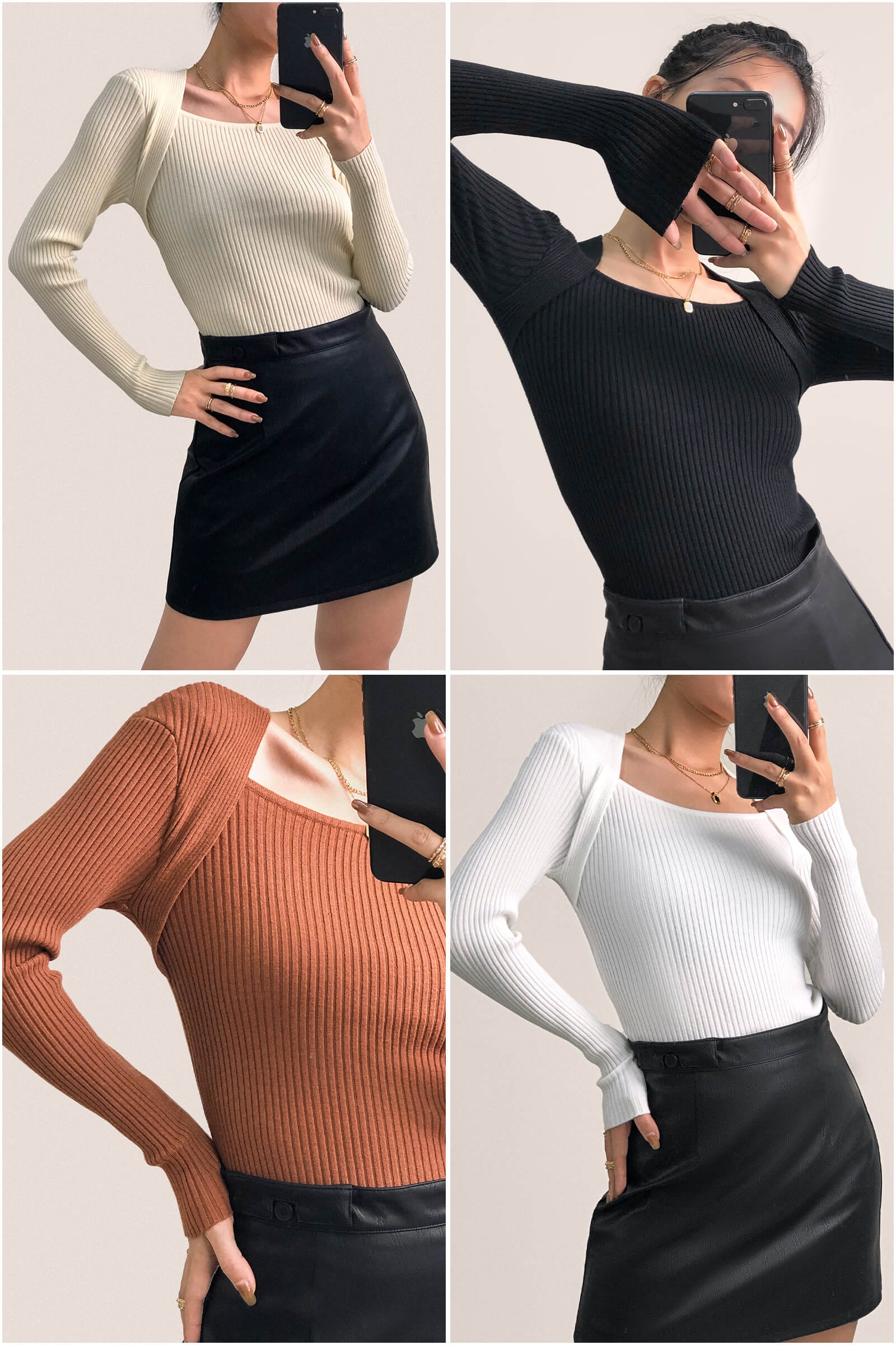 Ivory Ribbed Knit Square Neck Sweater