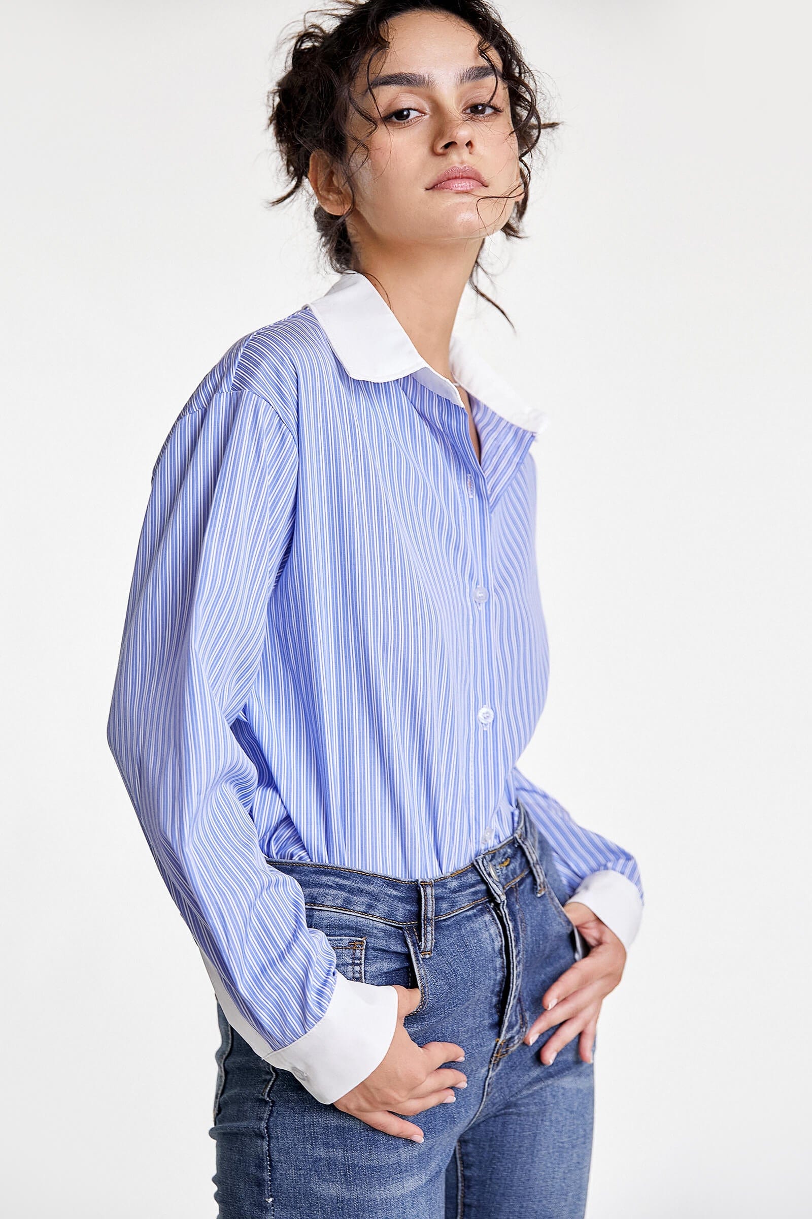 Cornflower Blue Contrast Striped Longline Shirt