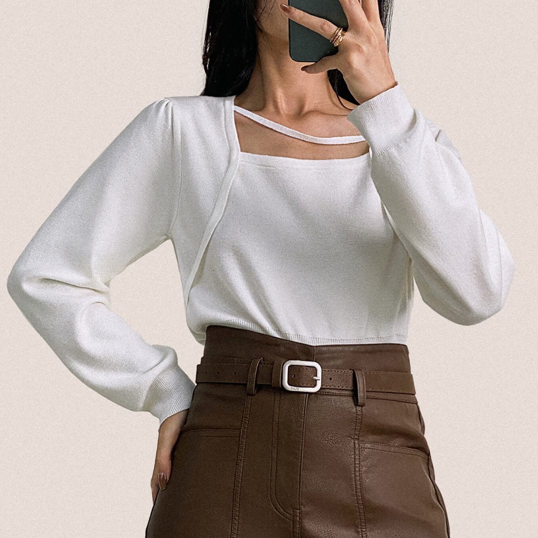 White Wool-Blend Strap Detail Asymmetric Neck Sweater