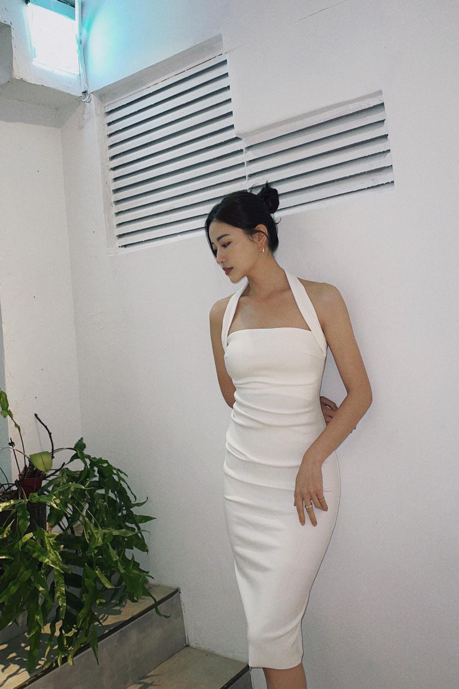 White Halter Bodycon Midi Dress