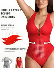 Deep V Solid Color Tummy Control Shaping One-piece Swimsuit
