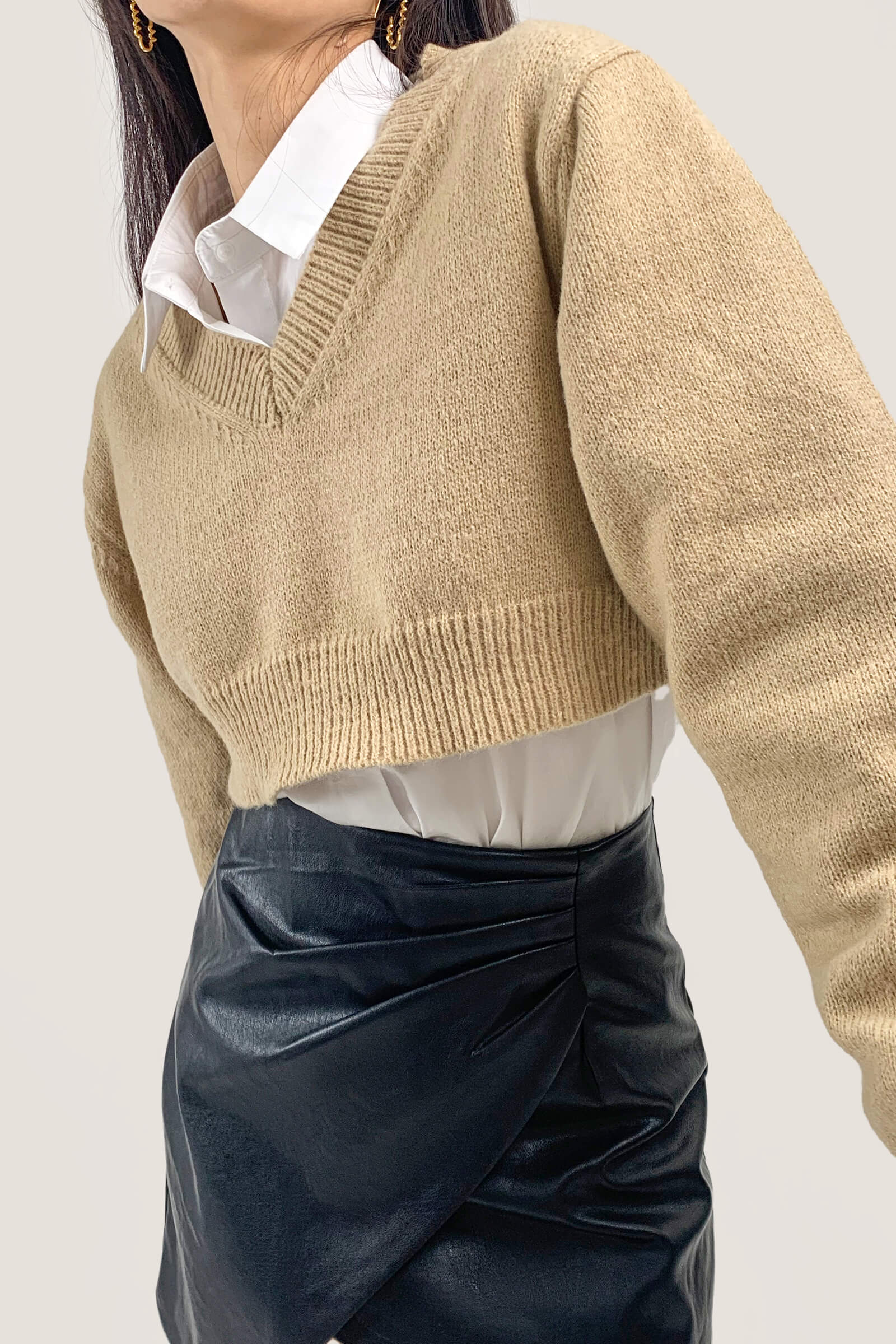 Tan V-Neck Ribbed Trim Cropped Sweater