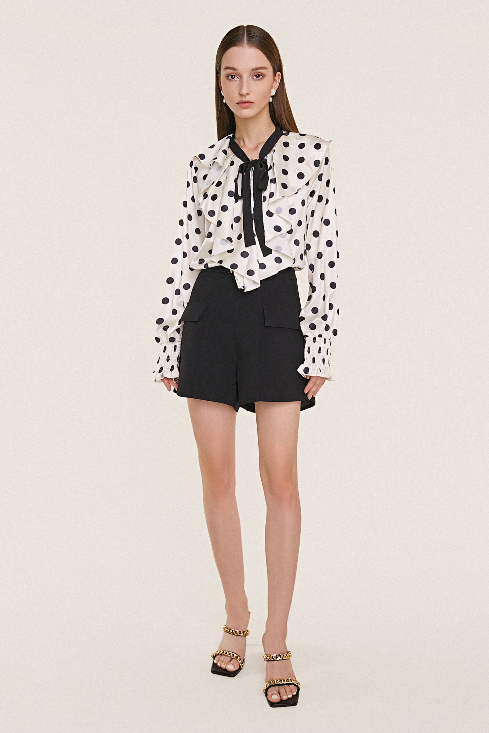 Ivory Polka Dot Flounce-Trimmed Tie Neck Chiffon Blouse