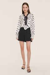 Ivory Polka Dot Flounce-Trimmed Tie Neck Chiffon Blouse
