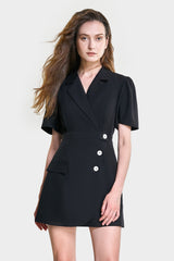 Black Button Detail Short Sleeve Blazer Dress