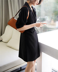 Black Khaki Wrap Front Tie Side Blazer Dress