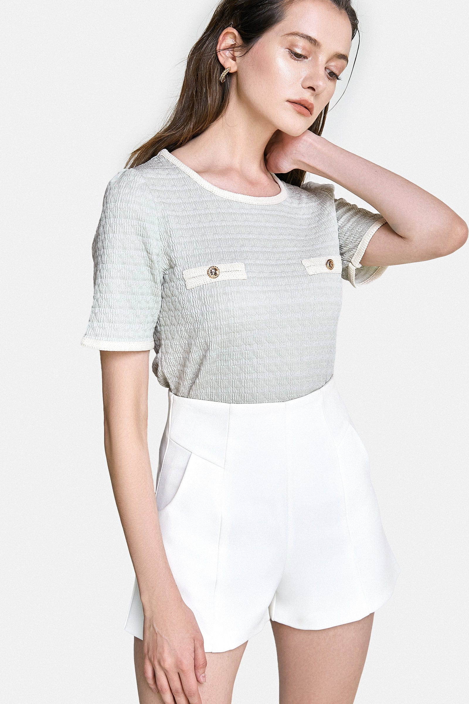 Light Green Textured Contrast Binding Short Sleeve Blouse