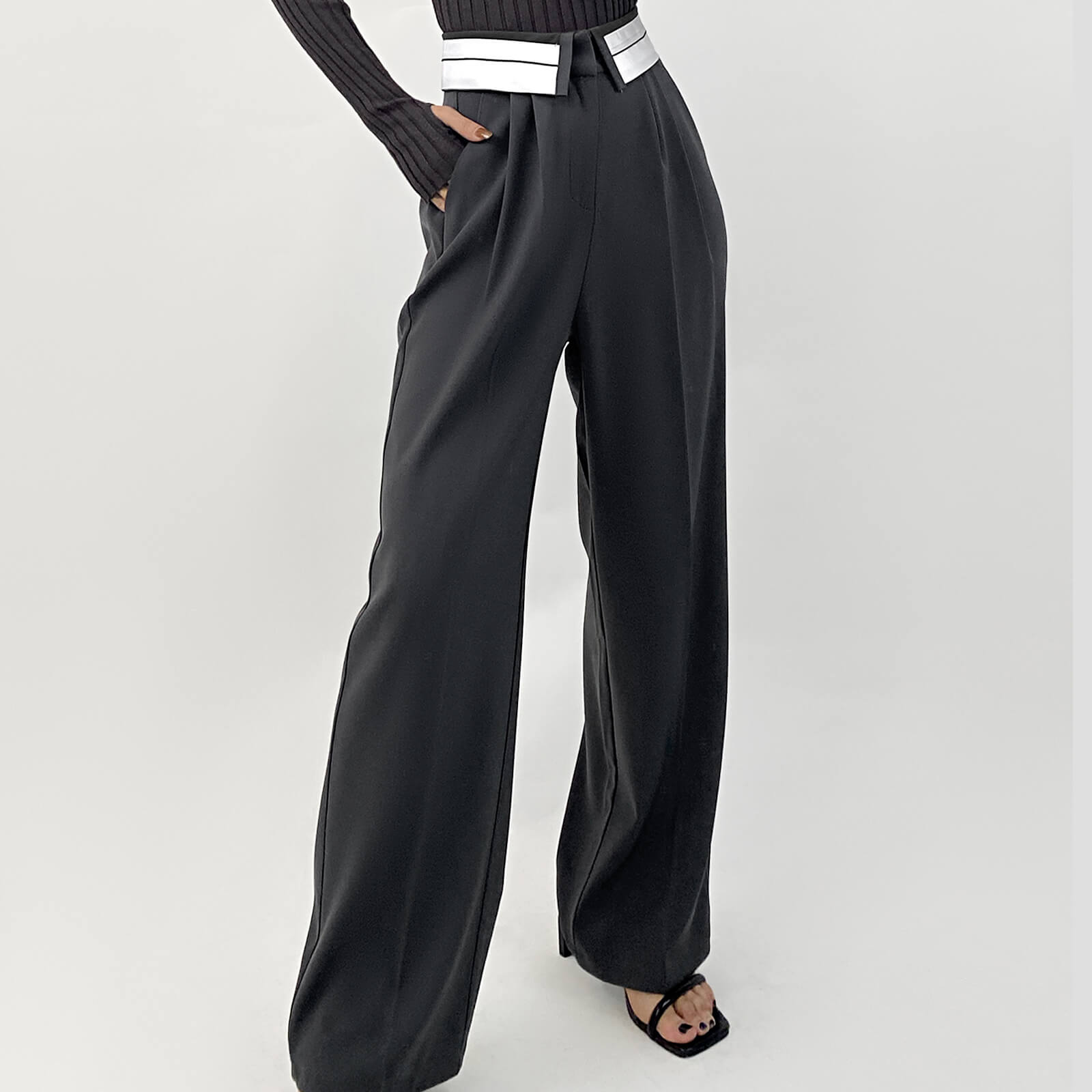 Grey Contrast Foldover Waist Wide Leg Pants