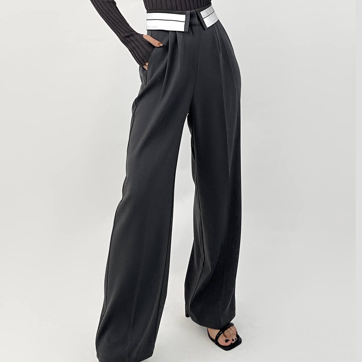 Grey Contrast Foldover Waist Wide Leg Pants